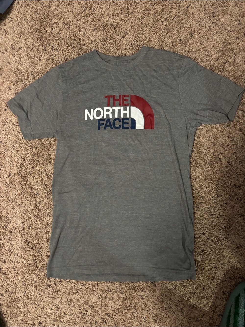 The North Face Gray Short-Sleeve Tee with Red White Blue Logo